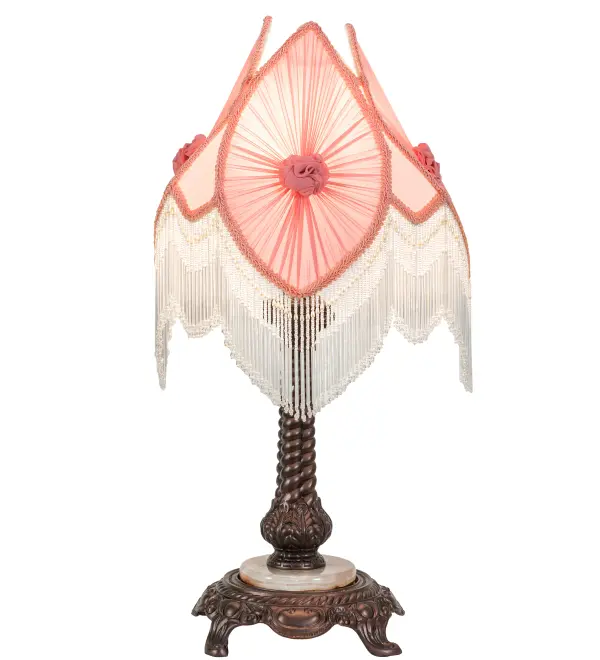 Pink pleated fabrics with floral accents are edged in Pink and Ivory Glass beaded trim. This Victorian-inspired; intricately detailed shade is enhanced with a Mahogany Bronze finished base featuring a White Onyx accent. A versatile table lamp to complement nearly any interior color or style. Ideal as a lighted accent piece on a living room end table; dining room credenza; or bedroom nightstand. Inspired by beautiful fabrics and fashion from New York; to Chicago; Illinois; and Los Angeles; California. The Fabric & Fringe Pink Pontiff Accent Lamp is featured in our American-made; handcrafted Fabric & Fringe Collection. UL and cUL listed for dry locations.