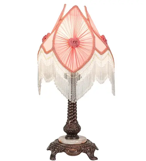 Pink pleated fabrics with floral accents are edged in Pink and Ivory Glass beaded trim. This Victorian-inspired; intricately detailed shade is enhanced with a Mahogany Bronze finished base featuring a White Onyx accent. A versatile table lamp to complement nearly any interior color or style. Ideal as a lighted accent piece on a living room end table; dining room credenza; or bedroom nightstand. Inspired by beautiful fabrics and fashion from New York; to Chicago; Illinois; and Los Angeles; California. The Fabric & Fringe Pink Pontiff Accent Lamp is featured in our American-made; handcrafted Fabric & Fringe Collection. UL and cUL listed for dry locations. - alternate view