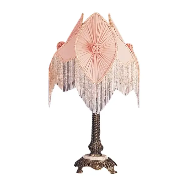Pink pleated fabrics with floral accents are edged in Pink and Ivory Glass beaded trim. This Victorian-inspired; intricately detailed shade with a unique profile is enhanced with an elegant Mahogany Bronze finished cast metal base featuring a White Onyx accent. A versatile table lamp to complement nearly any interior color or style. Ideal as a lighted accent piece on a living room end table; dining room credenza; or bedroom nightstand. Inspired by beautiful fabrics and fashion from New York; to Chicago; Illinois; to Los Angeles; California. The Fabric & Fringe Pink Pontiff Accent Lamp is featured in our American-made; handcrafted Fabric & Fringe Collection. UL and cUL listed for dry locations.