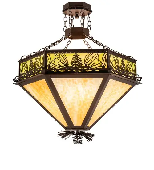 This handsome Pine Cone and needle patterned hexagonal inverted pendant with pine branch accents is suspended from chains and illuminated through Pine Green art glass panels which Beige art glass panels and a pinecone and needle accent. The pendant is finished in Cafe Noir and is handcrafted in the USA by Meyda artisans. - alternate view
