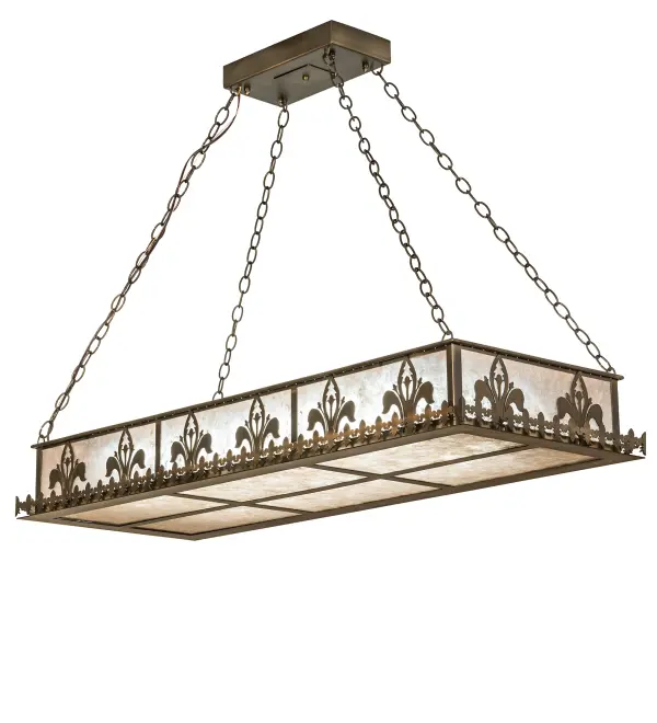 Surrounded with a band of Fleur de Lis emblems this unique oblong inverted pendant fixture is handcrafted in the USA by Meyda artisans. This handsome fixture is finished in Antique Copper and has Silver mica panels. Collection: Gothic Fleur-De-Lis Finish: Antique Copper Glass: Silver Mica Width: 18.00" Height: 20.00" Length: 48.00" Weight: 32.00 lb Extension from Wall: 18.00" Number of Bulbs: 2 Maximum Wattage: 10.00 W Bulb Type: T8 Bulb Base: G9 Light Source: LED Material: Steel Country of Origin: USA Safety Listing: Dry Safety Rating: Damp Energy Efficient LED