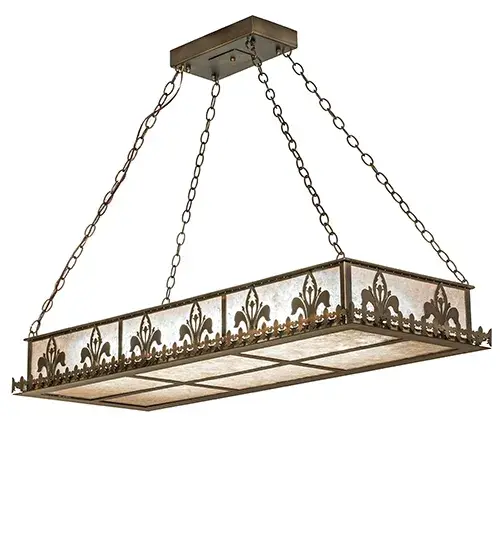 Surrounded with a band of Fleur de Lis emblems this unique oblong inverted pendant fixture is handcrafted in the USA by Meyda artisans. This handsome fixture is finished in Antique Copper and has Silver mica panels. Collection: Gothic Fleur-De-Lis Finish: Antique Copper Glass: Silver Mica Width: 18.00" Height: 20.00" Length: 48.00" Weight: 32.00 lb Extension from Wall: 18.00" Number of Bulbs: 2 Maximum Wattage: 10.00 W Bulb Type: T8 Bulb Base: G9 Light Source: LED Material: Steel Country of Origin: USA Safety Listing: Dry Safety Rating: Damp Energy Efficient LED - alternate view