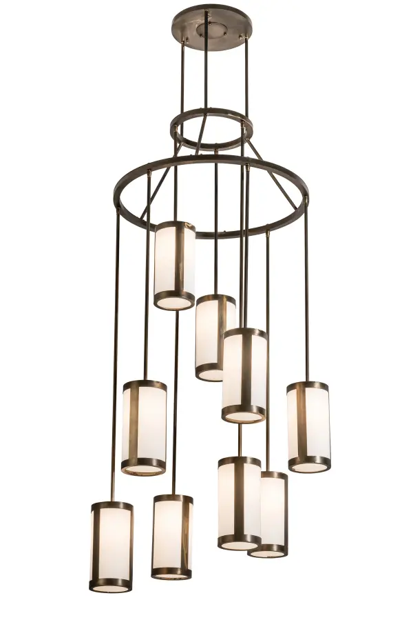 Spanning more than 7 feet from top to bottom, this tiered Cartier Cascading chandelier renders an eye-catching transitional look. Nine stunning Ivory Textrene shades are aligned in a staggered formation, suspended from two decorative rings and a canopy while providing ambient light at various levels. All hardware is featured in an Antique Copper finish, while a warm glow evokes stunning decorative Cylindres. Ideal for lobbies, foyers, ballrooms, and large spaces. Handcrafted in our 180,000-square-foot manufacturing facility in Upstate New York. Custom options include special sizes, styles, finishes, and dimmable energy-efficient lamping options such as LED. UL and cUL listed for dry and damp locations. Collection: Cartier Finish: Antique Copper Glass: White Linen Width: 35.00" Height: 90.00" Length: 35.00" Weight: 52.00 lb Number of Bulbs: 9 Maximum Wattage: 60.00 W Bulb Type: A19 Bulb Base: E26 Material: Steel Country of Origin: USA Safety Listing: Dry Safety Rating: Dry