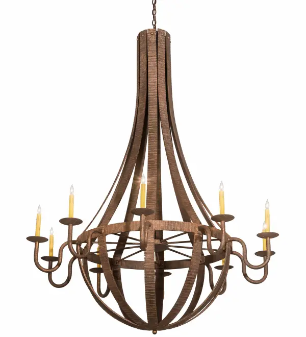 Elegant; luxurious charm blends with natural; rustic beauty. This extraordinary chandelier is inspired by antique staves; traditionally bound with metal hoops to construct beer and whisky barrels and wine casks. A stunning Hammered metal band and Rococo-finished curved metal arms with bobeches embrace ten Ivory faux candlelights. This lovely chandelier is ideal for creating beautiful ambient lighting and a sense of opulence in residential and hospitality spaces. The overall height ranges from 74 to 146 inches; as the chain can be adjusted on location to meet your precise lighting requirements. The Barrel Stave Metallo 10 Light Chandelier is included in our American-made; American-designed; handcrafted Contemporary Rustic Collection and manufactured in Yorkville; New York. The fixture is UL and cUL listed for dry and damp locations.