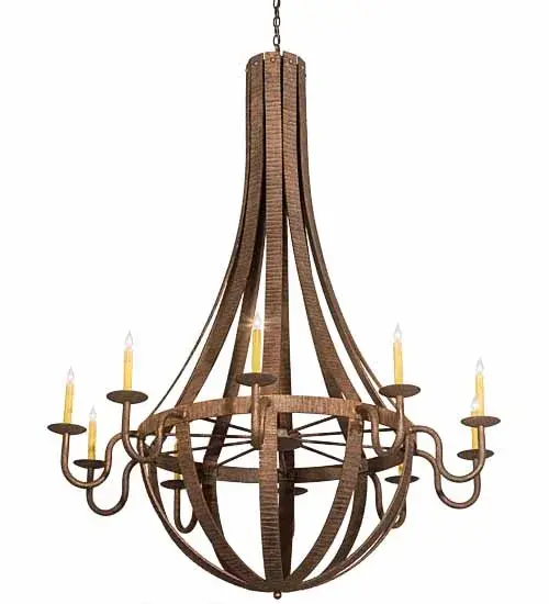 Elegant; luxurious charm blends with natural; rustic beauty. This extraordinary chandelier is inspired by antique staves; traditionally bound with metal hoops to construct beer and whisky barrels and wine casks. A stunning Hammered metal band and Rococo-finished curved metal arms with bobeches embrace ten Ivory faux candlelights. This lovely chandelier is ideal for creating beautiful ambient lighting and a sense of opulence in residential and hospitality spaces. The overall height ranges from 74 to 146 inches; as the chain can be adjusted on location to meet your precise lighting requirements. The Barrel Stave Metallo 10 Light Chandelier is included in our American-made; American-designed; handcrafted Contemporary Rustic Collection and manufactured in Yorkville; New York. The fixture is UL and cUL listed for dry and damp locations. - alternate view