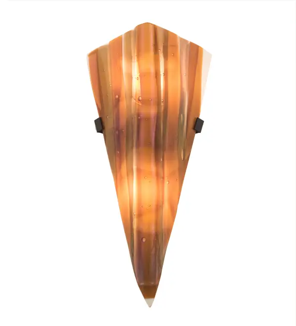 This contemporary Metro Fusion V shaped shade is an original design which is far from the traditional. This unique shade is handmade in our Marina pattern of Iridescent Amber; Beige; and White colored; kiln fired; fused art glass; paired with wall fixture hardware. Designed and created by our artists and craftsmen in Yorkville; NY; this sconce will vary slightly due to the nature of glass forming. Custom options include a broad range of sizes; colors and designs; as well as dimmable energy efficient lamping options such as LED. The 7.5-inch wall luminaire is UL and cUL listed for dry and damp locations.