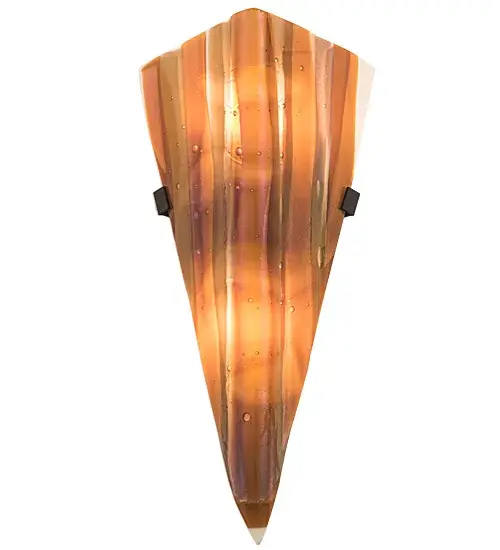 This contemporary Metro Fusion V shaped shade is an original design which is far from the traditional. This unique shade is handmade in our Marina pattern of Iridescent Amber; Beige; and White colored; kiln fired; fused art glass; paired with wall fixture hardware. Designed and created by our artists and craftsmen in Yorkville; NY; this sconce will vary slightly due to the nature of glass forming. Custom options include a broad range of sizes; colors and designs; as well as dimmable energy efficient lamping options such as LED. The 7.5-inch wall luminaire is UL and cUL listed for dry and damp locations. - alternate view