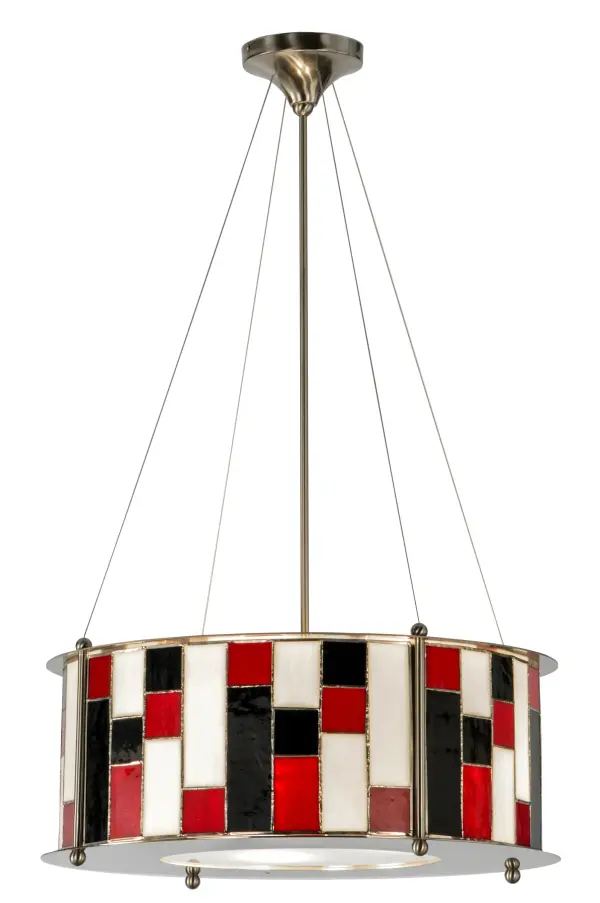 A hot new twist to an American tradition; this modern Tiffany style pendant in Coal; Cloud and Fire stained glass; is designed to go with new decorating trends. To complete the sleek look we finished the hardware in a cool Brushed Nickel. A Meyda Tiffany Original design.
