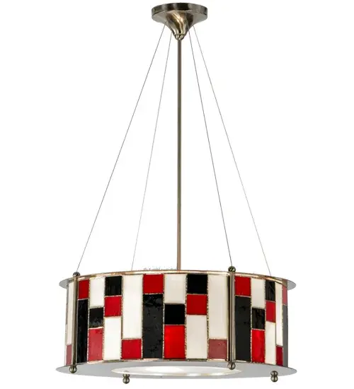 A hot new twist to an American tradition; this modern Tiffany style pendant in Coal; Cloud and Fire stained glass; is designed to go with new decorating trends. To complete the sleek look we finished the hardware in a cool Brushed Nickel. A Meyda Tiffany Original design. - alternate view