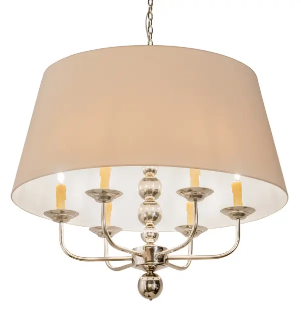 A rich, classy pendant comes to light beautifully. The Natural Textrene shade crowns a candelabra featuring Six Amber faux candlelights perched on bobeches in a Polished Nickel finish, to match the complementary Orb-stacked frame with hardware and stylized finial. Handmade in our manufacturing facility in Yorkville, NY, this versatile pendant is available in custom sizes, designs and colors. Dimmable energy efficient lamping options such as LED are available. The Biscayne Pendant is UL and cUL listed for damp and dry locations however, however we do not recommend installing it in spaces that accumulate a large amount of moisture. Collection: Biscayne Finish: Polished Nickel Glass: Natural Linen Width: 38.00" Height: 42.50" Length: 38.00" Weight: 30.00 lb Number of Bulbs: 6 Maximum Wattage: 6.00 W Bulb Type: B10 Bulb Base: E12 Material: Steel Country of Origin: USA Safety Listing: Dry Safety Rating: Dry