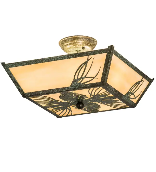 Mother nature comes to light as Mountain Pinecones and Pine Needles are featured on this unique nature inspired ceiling fixture. The charm of the forest comes alive with soft ambient light emanating through the Beige Art Glass shade. The luminaire is enhanced with a Tarnished Copper finish. This ceiling fixture is perfect for any room where you want to make a stunning design statement. Handcrafted in our 180,000 square foot manufacturing facility in Yorkville, New York. Diffuser colors, metal finishes and fixture sizes can be customized to your needs. UL and cUL listed for dry and damp locations. Collection: Mountain Pine Finish: Tarnished Copper Glass: Beige Art Glass Width: 21.75" Height: 9.50" Length: 15.50" Weight: 8.50 lb Number of Bulbs: 3 Maximum Wattage: 60.00 W Bulb Type: A15 Bulb Base: Medium Light Source: Halogen Material: Steel Country of Origin: USA Safety Listing: Damp Safety Rating: Damp
