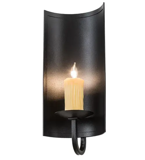 Modern artisanship is combined with classic elegance to create the Shoreham Wall Sconce. A Black Satin Wrought Iron curved reflector is designed behind an Ivory faux candlelight that is perched on a round bobeche embraced by a curved arm. The frame and hardware are also featured in a matching finish. Handmade in the USA, this sconce is available in custom sizes, styles and finishes. Dimmable energy efficient lamping options are available. UL and cUL listed for dry and damp locations. Collection: Shoreham Finish: Black Satin Wrought Iron Glass: Black Glass,Silver Width: 7.00" Height: 16.00" Length: 5.00" Weight: 4.50 lb Extension from Wall: 5.00" Number of Bulbs: 1 Maximum Wattage: 60.00 W Bulb Type: BA9 Bulb Base: Candelabra Material: Steel Country of Origin: USA Safety Listing: Damp Safety Rating: Damp