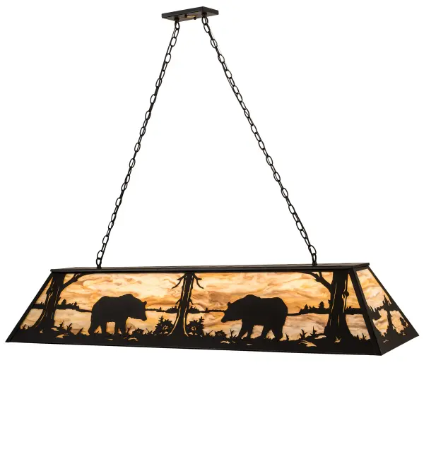 Natural charm is captured beautifully with the majestic Bears meandering along the woodland lake as the late afternoon sun lowers in the background of this stunning ceiling fixture. Soft ambient light projects through the Travertine Idalight shade and is enhanced with hardware and decorative accents offered in Black Satin Wrought Iron. The pendant fixture is perfect for placement above kitchen islands, bars, and tables in residences and hospitality locations. The overall height ranges from 14.5 to 48 inches, as the chain length can be easily adjusted on location to accommodate your specific lighting application needs. The Bear at Lake Oblong Pendant is included in our American-made, American-designed, handcrafted Wildlife Collection and manufactured in Yorkville, New York. The fixture is UL and cUL listed for dry and damp locations. Upstate New York's adventurous playland, known as the Adirondack Mountains, with its many breathtaking forests, lakes, and rivers, is the spiritual birthplace of Meyda and inspires our rustic-themed collections. Collection: Bear At Lake Finish: Black Satin Wrought Iron Glass: Travertine Idalight Width: 17.00" Height: 20.00" Length: 60.00" Weight: 38.00 lb Number of Bulbs: 9 Maximum Wattage: 60.00 W Bulb Type: A19 Bulb Base: E26 Material: Steel Country of Origin: USA Safety Listing: Damp Safety Rating: Damp