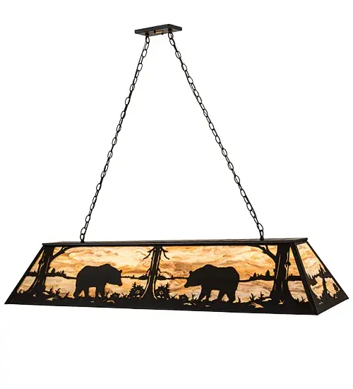Natural charm is captured beautifully with the majestic Bears meandering along the woodland lake as the late afternoon sun lowers in the background of this stunning ceiling fixture. Soft ambient light projects through the Travertine Idalight shade and is enhanced with hardware and decorative accents offered in Black Satin Wrought Iron. The pendant fixture is perfect for placement above kitchen islands, bars, and tables in residences and hospitality locations. The overall height ranges from 14.5 to 48 inches, as the chain length can be easily adjusted on location to accommodate your specific lighting application needs. The Bear at Lake Oblong Pendant is included in our American-made, American-designed, handcrafted Wildlife Collection and manufactured in Yorkville, New York. The fixture is UL and cUL listed for dry and damp locations. Upstate New York's adventurous playland, known as the Adirondack Mountains, with its many breathtaking forests, lakes, and rivers, is the spiritual birthplace of Meyda and inspires our rustic-themed collections. Collection: Bear At Lake Finish: Black Satin Wrought Iron Glass: Travertine Idalight Width: 17.00" Height: 20.00" Length: 60.00" Weight: 38.00 lb Number of Bulbs: 9 Maximum Wattage: 60.00 W Bulb Type: A19 Bulb Base: E26 Material: Steel Country of Origin: USA Safety Listing: Damp Safety Rating: Damp - alternate view