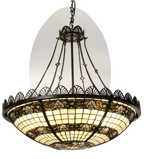 A Country French design featuring intricate Amber ribbon-like scrolls and Beige nautilus shells on bands of Light Green encircles this fanciful pendant shade; while Beige art glass tiles delight. Timeless Bronze finished nautilus metal accents adorn the perimeter for an elegant touch. The ceiling fixture is sure to complement any kitchen; dining room; bedroom; entry; or hallway. The stained glass shade was created using the famous Meyda Tiffany copper foil construction process. The overall height ranges from 30.5 to 60.5 inches; as the chain can be easily adjusted on location. The Shell and Ribbon Pendant is included in our American-designed; handcrafted Stained Glass Lighting Collection. UL and cUL listed for dry and damp locations. Each shade is a unique work of art; featuring color variations derived from the natural ingredients inherent in the glass.