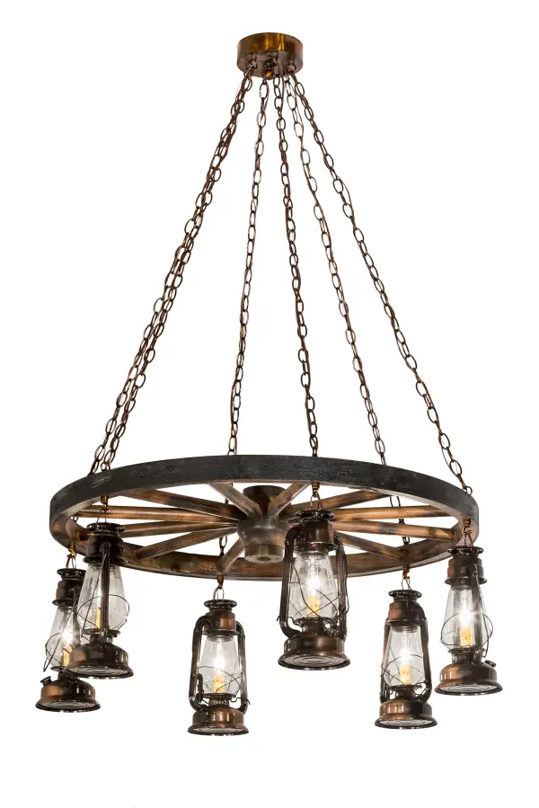 Exuding rustic Western charm and personality, this dramatic wagon wheel chandelier is a hand-crafted treasure with six traditionally styled Miner Lanterns featuring Clear Glass diffusers revealing Ivory faux candlelights. Authentic detailed profiles and hardware are finished in Vintage Copper. Ideal for a lobby or entryway in a rustic home, lodge, inn or other commercial space. Handcrafted by highly skilled artisans in our manufacturing facility at the foothills of the Adirondack Mountains in Upstate New York, this fixture is available in custom sizes, styles, and finishes. Dimmable energy efficient lamping options are available. UL and cUL listed for dry and damp locations. Collection: Miners Lantern Finish: Vintage Copper Glass: Clear Glass Width: 40.00" Height: 60.00" Length: 40.00" Weight: 43.00 lb Number of Bulbs: 6 Maximum Wattage: 60.00 W Bulb Type: B10 Bulb Base: E12 Material: Steel Country of Origin: USA Safety Listing: Damp Safety Rating: Damp