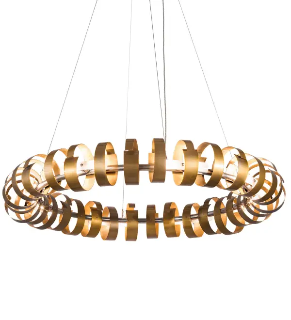 A Golden Bracelet of Light, the Bracciali Pendant features 32 Gold finished bangles that encircle Statuario Idalight diffusers and 16 customers supplied GY6.35 base lamps. The frame and other hardware are featured in an Extreme Chrome finish. The overall height of this pendant ranges from 26 to 126 inches as the aircraft cable length can be easily adjusted in the field to accommodate your specific lighting application needs. The fixture is handcrafted by skilled artisans in our 180,000 square foot manufacturing facility in Yorkville, NY. Custom options include various sizes, colors, designs and dimmable energy efficient lamping. UL and cUL listed for dry and damp locations. Collection: Bracciali Finish: Transparent Gold & Extreme Chrome Glass: Statuario Idalight Width: 63.00" Height: 26.00" Length: 63.00" Weight: 65.00 lb Extension from Wall: 12.00" Number of Bulbs: 16 Maximum Wattage: 50.00 W Bulb Type: T4 Bulb Base: GY6.35 Material: Steel Country of Origin: USA Safety Listing: Damp Safety Rating: Damp