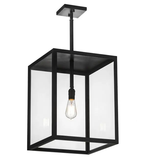 Rendering a clean transitional look. This lighting design features a Clear Glass lens revealing an Edison-styled lamp suspended inside this rectangular-shaped wall sconce frame. The hardware is offered in a handsome Textured Black finish. The Quadrato Pendant is included in our American-made; American-designed; handcrafted Transitional Lighting Collection. Manufactured in Yorkville; NY. UL and cUL listed for dry and damp locations.