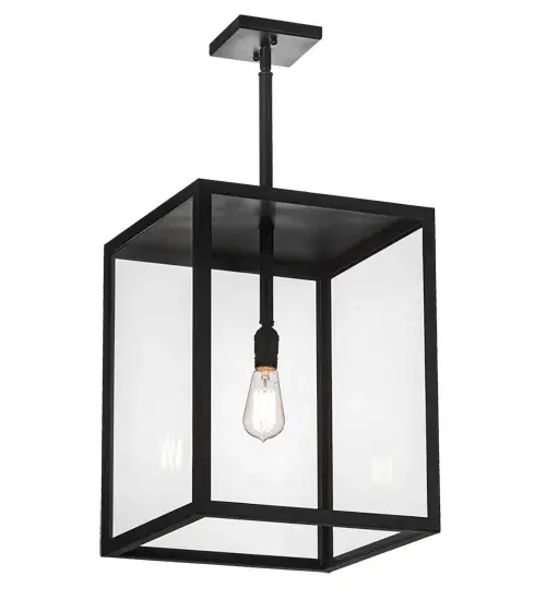 Rendering a clean transitional look. This lighting design features a Clear Glass lens revealing an Edison-styled lamp suspended inside this rectangular-shaped wall sconce frame. The hardware is offered in a handsome Textured Black finish. The Quadrato Pendant is included in our American-made; American-designed; handcrafted Transitional Lighting Collection. Manufactured in Yorkville; NY. UL and cUL listed for dry and damp locations. - alternate view