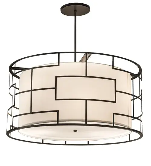 Inspired by a new Modernism; this eye-catching expressionist design integrates mosaic patterns with abstract figures in a rich Bronze finished frame. The frame surrounds a curvaceous Cream Textrene shade with a Statuario Idalight bottom diffuser. This artistic centerpiece is perfect for ceilings in kitchens; living areas; guest rooms and other spaces in homes; hotels; restaurants; clubs; retailers and other settings. This unique pendant is custom crafted in our 180;000 square foot manufacturing facility in the USA. Custom styles; sizes; and colors are available; as well as dimmable energy efficient lamping options such as LED. The 48-inch wide pendant is UL and cUL listed for dry and damp locations. - alternate view