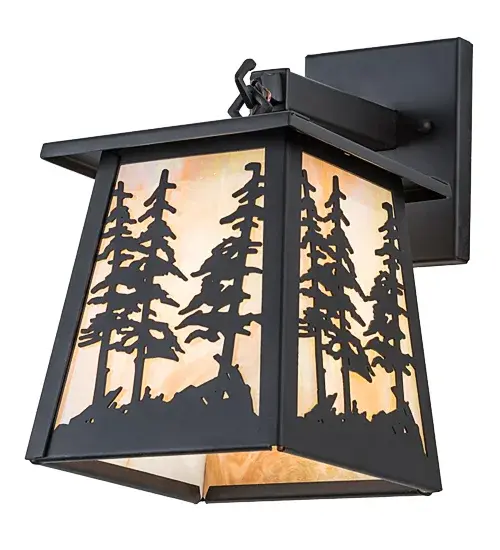 Bold Tall Pine Tree silhouette designs are featured in an Oil Rubbed Bronze finish. Rustic charm comes alive with soft warm ambient light projected through a stunning Beige Iridescent Glass shade. The Tall Pine Hanging Wall Sconce is featured in our American designed; handmade Nature Inspired Collection. Manufactured in Yorkville; New York. UL and cUL listed for dry; damp and wet locations. - alternate view