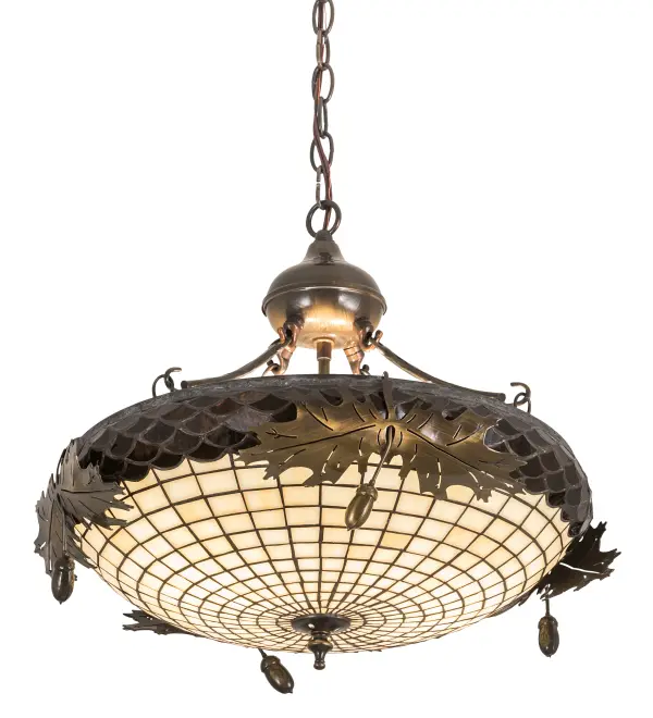 Visually impressive as branches of an Oak tree; this art glass shade delights with Multi-toned Autumnal Beige art glass and a Bark Brown granite textured glass crown sprouting Oak Leaves and Acorn steel hardware featured in an Antique Brass finish. The hardware was custom crafted by highly skilled artisans at the foothills of the Adirondack Mountains; and the shade was created using the famous Meyda Tiffany copper foil construction method. This fixture is available in custom sizes; styles; colors and dimmable energy efficient lamping. The 18-inch wide fixture is UL and cUL listed for dry and damp locations.