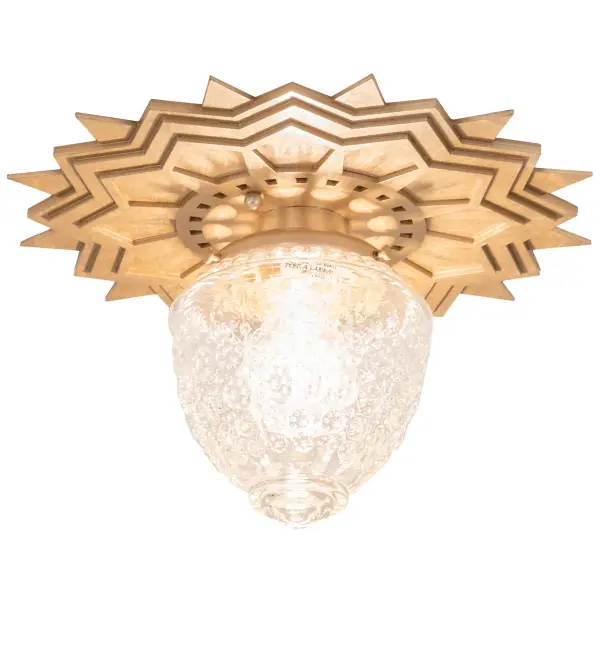 The Arinna Flushmount adds stunning beauty to any room in high style. The intricate medallion is featured in a Champagne Metallic finish that is perfect for modern and traditional settings. A star-shaped metal plate rests the piece flush against the ceiling with gripping radiating lines. The Clear Glass acorn-like shade pops visually like a bright earring with a warm glaze from the lamping. Place this ceiling fixture to illuminate dining tables and other residential and commercial areas in Manhattan, New York, Washington D.C., and Los Angeles, California. The Arinna Flushmount is included in our American-made, American-designed, handcrafted Art Deco Lighting Collection and manufactured in Yorkville, New York. UL and cUL listed for dry and damp locations. Collection: Arinna Finish: Champagne Metallic Glass: Clear Glass Width: 12.00" Height: 7.00" Length: 12.00" Weight: 8.00 lb Number of Bulbs: 1 Maximum Wattage: 60.00 W Bulb Type: A19 Bulb Base: E26 Material: Steel/Brass Country of Origin: USA Safety Listing: Damp Safety Rating: Damp