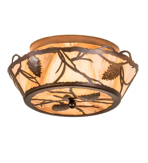 Listen closely. You can almost hear the soft whisper of the pine branches as they dance in the wind. Enjoy the ambiance of soft beautiful light diffused through a Travertine Idalight diffuser featuring stunning Pinecone and Pine Branch designs. The ceiling fixture is featured in an Old Copper Pot finish. Handcrafted by highly skilled artisans in our 180,000 square manufacturing facility in Yorkville, New York. Shade colors, metal finishes and sizes can be customized. UL and cUL listed for dry and damp locations. Collection: Whispering Pines Finish: Old Copper Pot Glass: Travertine Idalight Width: 16.00" Height: 8.00" Length: 16.00" Weight: 5.50 lb Number of Bulbs: 4 Maximum Wattage: 60.00 W Bulb Type: A19 Bulb Base: Medium Material: Steel Country of Origin: USA Safety Listing: Damp Safety Rating: Damp - alternate view