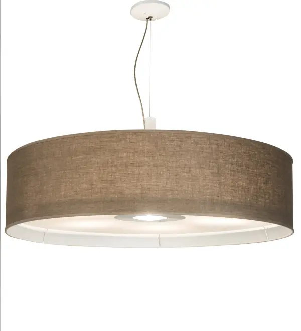 Designed with a curved profile and a grand styled architectural look, this ceiling pendant defines a sophisticated aesthetic that will add character to any room. The Natural Textrene shade is enhanced with a Statuario Idalight bottom diffuser and White powder coated hardware. The overall height of this pendant ranges from 23 to 112 inches as the aircraft cable length can be easily adjusted in the field to accommodate your specific lighting application needs. Handcrafted in our 180,000 square foot manufacturing facility in Upstate New York. Custom options available. UL and cUL listed for dry and damp locations, however, we do not recommend installing it in spaces that experience a large amount of moisture due to the fabric shades. Collection: Cilindro Finish: White Glass: Off White Textrene/Statuario Idalight Width: 48.00" Height: 23.00" Length: 48.00" Weight: 40.00 lb Extension from Wall: 6.50" Number of Bulbs: 6 Maximum Wattage: 60.00 W Bulb Type: A19 Bulb Base: E26 Material: Steel Country of Origin: USA Safety Listing: Dry Safety Rating: Damp