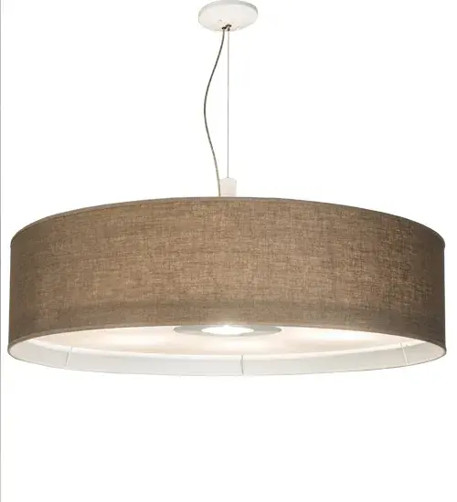 Designed with a curved profile and a grand styled architectural look, this ceiling pendant defines a sophisticated aesthetic that will add character to any room. The Natural Textrene shade is enhanced with a Statuario Idalight bottom diffuser and White powder coated hardware. The overall height of this pendant ranges from 23 to 112 inches as the aircraft cable length can be easily adjusted in the field to accommodate your specific lighting application needs. Handcrafted in our 180,000 square foot manufacturing facility in Upstate New York. Custom options available. UL and cUL listed for dry and damp locations, however, we do not recommend installing it in spaces that experience a large amount of moisture due to the fabric shades. Collection: Cilindro Finish: White Glass: Off White Textrene/Statuario Idalight Width: 48.00" Height: 23.00" Length: 48.00" Weight: 40.00 lb Extension from Wall: 6.50" Number of Bulbs: 6 Maximum Wattage: 60.00 W Bulb Type: A19 Bulb Base: E26 Material: Steel Country of Origin: USA Safety Listing: Dry Safety Rating: Damp - alternate view