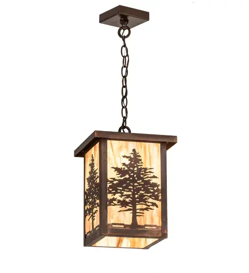 A majestic Tamarack tree is highlighted as the brilliant sun shines in the late morning sky. The Travertine Idalight diffuser complements a Copper frame and hardware with matching decorative accents in a stunning Vintage Copper finish. Custom crafted by highly skilled artisans; this Craftsman styled pendant is created in our manufacturing facility at the foothills of the spectacular Adirondack Mountains in Upstate NY. Custom styles; sizes; and colors are available; as well as dimmable lamping options such as LED. The 10-inch wide fixture is UL and cUL listed for damp and dry locations. - alternate view