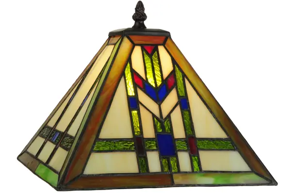In the tradition of the Prairie School; organic objects were interpreted into geometric forms. Meyda Tiffany uses colorful interlocking blocks of Willow Green granite glass to form stylized wheat stalks on a Beige Cream background; with Red and Blue accents. The stained glass shade is created using the famous Meyda Tiffany copperfoil construction technique. The shade pairs well with a base to create a table lamp or match with hardware to build a mini pendant. The Prairie Wheat Shade is featured in our American-designed; handcrafted Mission Lighting Collection. Each piece is a unique work of art with color variations based on natural ingredients inherent in the glass.