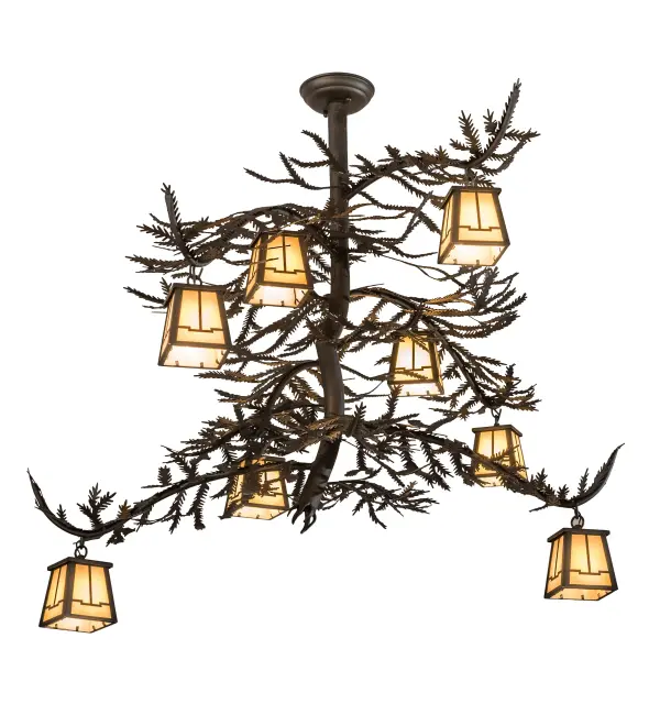 Invite the natural charm of the American woodlands into your camp; lodge; home; or business with this awe-inspiring chandelier. Eight Beige Art Glass lanterns are offered in this stunning Arts & Crafts design; adorned with pine-branch-shaped metal arms featuring pine-needle metal accents. This lovely; elaborate fixture features Oil Rubbed Bronze-finished hardware. The spectacular fixture is ideal for making a dramatic design statement in an entryway; lobby; or ballroom. The Pine Branch Valley View 8 Light Chandelier is included in our American-made; American-designed; handcrafted Nature-Inspired Lighting Collection; manufactured in Yorkville; New York. UL and cUL listed for dry and damp locations. Upstate New York's adventurous playground; the Adirondack Mountains; with its many breathtaking forests; lakes; and rivers; is the spiritual birthplace of Meyda and inspires our rustic-themed collections.