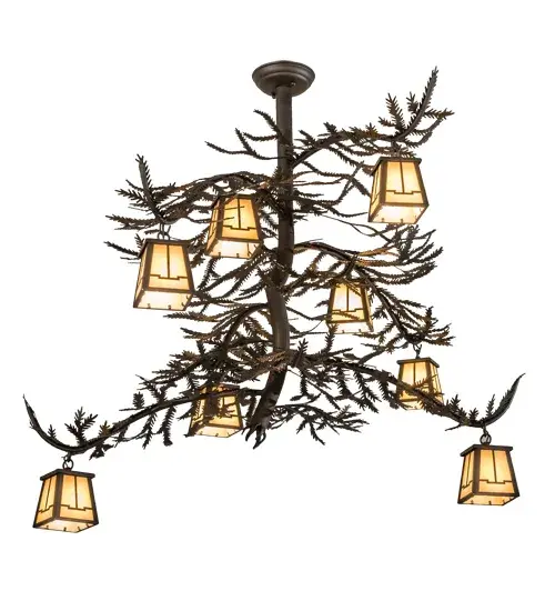 Invite the natural charm of the American woodlands into your camp; lodge; home; or business with this awe-inspiring chandelier. Eight Beige Art Glass lanterns are offered in this stunning Arts & Crafts design; adorned with pine-branch-shaped metal arms featuring pine-needle metal accents. This lovely; elaborate fixture features Oil Rubbed Bronze-finished hardware. The spectacular fixture is ideal for making a dramatic design statement in an entryway; lobby; or ballroom. The Pine Branch Valley View 8 Light Chandelier is included in our American-made; American-designed; handcrafted Nature-Inspired Lighting Collection; manufactured in Yorkville; New York. UL and cUL listed for dry and damp locations. Upstate New York's adventurous playground; the Adirondack Mountains; with its many breathtaking forests; lakes; and rivers; is the spiritual birthplace of Meyda and inspires our rustic-themed collections. - alternate view