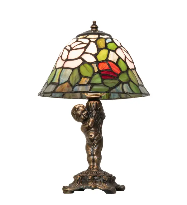 The most beloved of all floral beauties. The Rosebush is beautifully represented in this stunning reproduction of a Tiffany Studio Classic. Petal Pink; Romantic Red; and Beautiful Blue art glass Roses ramble on a maze of Garden Green leaves. The luxurious shade is created using the famous Meyda Tiffany copperfoil construction and paired with an elegant cast metal base featuring a Cherub finished in Mahogany Bronze. The lamp is ideal for placement in picture windows and on tables and desks in homes and offices. The Tiffany Rosebush Cherub Accent Lamp is included in our American-designed; handcrafted Tiffany Reproduction Collection. UL & cUL listed for dry locations. Each shade is a unique work of art with color variations based on natural ingredients inherent in the glass.