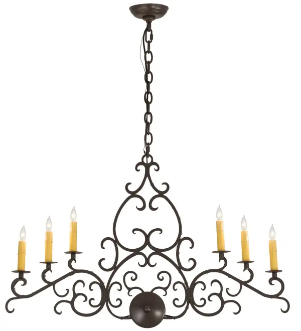 Meredith offers a rich, modern twist on a classic, elegant lighting design. This sumptuous chandelier features 6 Amber faux candlelights perched on bobeches in a Timeless Bronze finish and enhanced with HandForged Iron scrollwork, frame and a ballpoint accented round hub in a matching finish. Handcrafted by highly skilled artisans in our 180,000 square manufacturing facility in the USA, this fixture is available in custom designs, finishes, and sizes, as well as energy efficient lamping options such as LED. The 36-inch long chandelier is UL and cUL listed for damp and dry locations. Collection: Meredith Finish: Timeless Bronze Glass: Black,Amber,Black,Amber Mica Width: 5.00" Height: 26.00" Length: 36.00" Weight: 13.00 lb Number of Bulbs: 6 Maximum Wattage: 60.00 W Bulb Type: BA9 Bulb Base: E12 Material: Steel Country of Origin: USA Safety Listing: Damp Safety Rating: Damp
