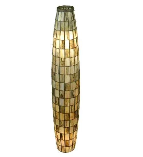 This contemporary Tiffany style shade is handcrafted by the same copper foil construction method invented by the master himself; but the long cylindrical shape of the shade is far from traditional. This unique shade is a Meyda original design made of rectangular shaped Tortoise Shell Beige and Wispy Sky Beige colored stained art glass. - alternate view
