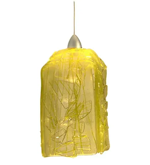 The Metro Fusion; Lemon Taffy mini pendant is the coolest look in Hot glass. Hand cut glass is hot fired to fall into a cube draped shape. Handmade by Meyda Craftsmen the Yellow Lemon Taffy dripped shade with Platinum finished hardware and matching cord is one hot look. This Low Voltage pendant with canopy mount and included light bulb make this a tasty treat for the eye.