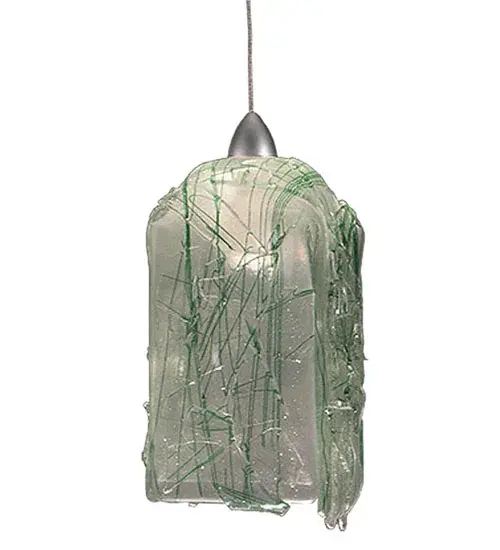 The Metro Fusion; Apple Taffy mini pendant is the coolest look in Hot glass. Hand cut glass is hot fired to fall into a cube draped shape. Handmade by Meyda Craftsmen the Sour Green Apple Taffy dripped shade with Platinum finished hardware and matching cord is one hot look. This Low Voltage pendant with canopy mount and included light bulb make this a tasty treat for the eye.