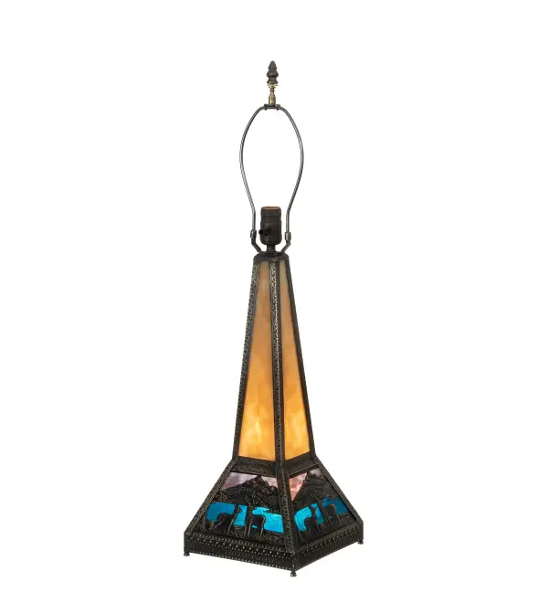This magnificent stained glass lighted base is designed to pair with a matching shade to illuminate nearly any interior decor. This Brass base features a Beige crown with Hi-Lited Craftsman Brown finish. The dramatic base design highlights Deer meandering near a Blue-Green art glass lake beneath a Blurple art glass sky. This base is paired with model 19495 stained glass shade to create the table lamp; model 19632. The Deer Lodge Lighted Table Base is included in our American-made; American-designed; handcrafted Nature Inspired Stained Glass Collection; manufactured in Yorkville; New York. It is UL and cUL listed for dry locations. Each shade is a unique work of art with color variations based on natural ingredients inherent in the glass.