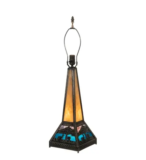 This magnificent stained glass lighted base is designed to pair with a matching shade to illuminate nearly any interior decor. This Brass base features a Beige crown with Hi-Lited Craftsman Brown finish. The dramatic base design highlights Deer meandering near a Blue-Green art glass lake beneath a Blurple art glass sky. This base is paired with model 19495 stained glass shade to create the table lamp; model 19632. The Deer Lodge Lighted Table Base is included in our American-made; American-designed; handcrafted Nature Inspired Stained Glass Collection; manufactured in Yorkville; New York. It is UL and cUL listed for dry locations. Each shade is a unique work of art with color variations based on natural ingredients inherent in the glass. - alternate view