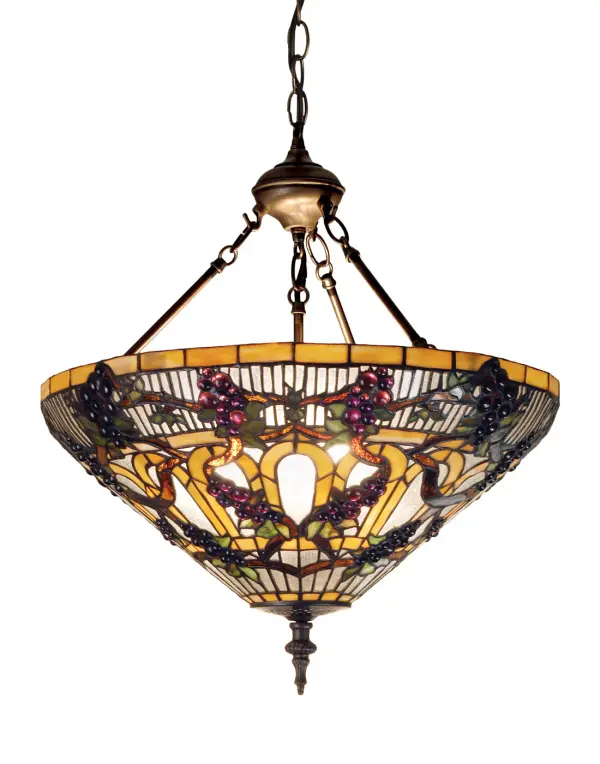 Bring sunny vineyards to your own home or business with this lovely Meyda Original pendant. Radiant Concord Purple jewels; Vineyard Green leaves and glistening dew kissed Bark Brown vines wrap around a Golden Sunshine banded shade. The inverted art glass shade is created using the famous Meyda Tiffany copperfoil construction process. The fixture is enhanced with an Oil Rubbed Bronze finish. Overall height ranges from 30.5 to 65.5 inches as the chain can be easily adjusted in the field to meet your needs. UL and cUL listed for dry and damp locations. Each shade is a unique work of art with color variations based on natural ingredients inherent in the glass. Contact us if color matching is critical when ordering multiple items.