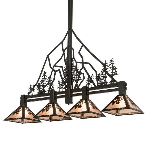 The material is Steel and Mica. The finish is Textured Black. The shade is Silver Mica. Collection: Tall Pines Finish: Textured Black Glass: Silver Mica Width: 12.00" Height: 92.00" Length: 60.00" Weight: 40.00 lb Extension from Wall: 3.75" Number of Bulbs: 4 Maximum Wattage: 60.00 W Bulb Type: A19 Bulb Base: E26 Light Source: LED Material: Steel Country of Origin: USA Safety Listing: Damp Safety Rating: Damp LED
