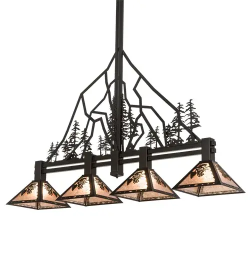 The material is Steel and Mica. The finish is Textured Black. The shade is Silver Mica. Collection: Tall Pines Finish: Textured Black Glass: Silver Mica Width: 12.00" Height: 92.00" Length: 60.00" Weight: 40.00 lb Extension from Wall: 3.75" Number of Bulbs: 4 Maximum Wattage: 60.00 W Bulb Type: A19 Bulb Base: E26 Light Source: LED Material: Steel Country of Origin: USA Safety Listing: Damp Safety Rating: Damp LED - alternate view