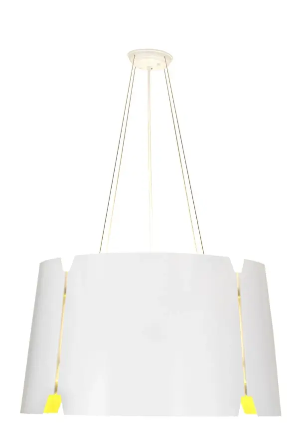 Offering a handsome modern styled lighting design, The Ratchet Pendant features teeth-like accents around its cylindrical shaped frame which is finished in a White Powder coat on the exterior and a Sulfur Yellow Powdercoat on the interior. The hardware is enhanced with a Statuario Idalight lens that delivers beautiful ambient illumination. Handcrafted in the USA, this fixture is available in custom designs, shapes, and sizes. Dimmable energy efficient lamping options including LED are available. The 28-inch wide pendant is UL and cUL listed for dry and damp locations. Collection: Ratchet Finish: Sulfur Yellow & White Glass: White Width: 28.00" Height: 21.00" Length: 28.00" Weight: 32.00 lb Extension from Wall: 3.75" Number of Bulbs: 4 Maximum Wattage: 60.00 W Bulb Type: A19 Bulb Base: E26 Light Source: LED Color Temperature: 2700 K Material: Steel Country of Origin: USA Safety Listing: Damp Safety Rating: Damp LED