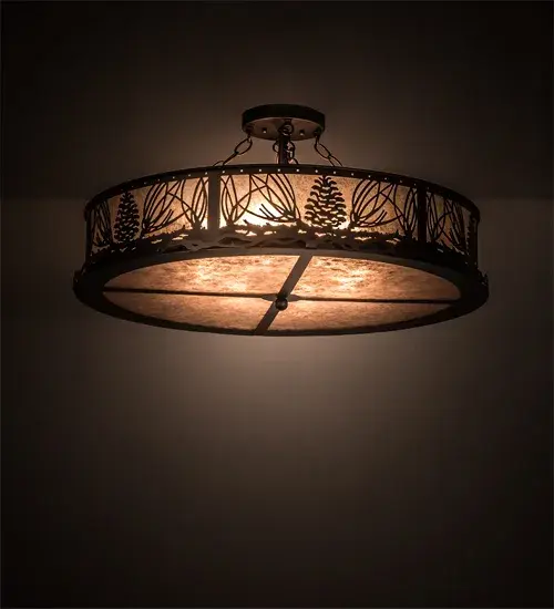 Mother nature comes to light brilliantly as Mountain Pinecones and Pine Needles are featured on this unique nature inspired ceiling fixture. The charm of the forest comes alive with the robust illumination of 8 lamps projected through Silver Mica side panels and matching bottom diffuser. The luminaire is enhanced with a Mahogany Bronze finish. This ceiling fixture is perfect for illuminating a log home or knotty pine room where you want to make a stunning design statement. Handcrafted in our 180;000 square foot manufacturing facility in Yorkville; New York. Diffuser colors; metal finishes and fixture sizes can be customized to your needs. UL and cUL listed for dry and damp locations.