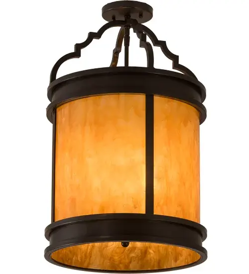 A strikingly handsome yet elegant ceiling fixture design complemented with the luster of appealing metal hardware. Stunning Maduro Idalight diffuses beautiful ambient light through this lantern which is complemented with a frame; decorative accents and hardware featured in a Timeless Bronze finish. Handcrafted by highly skilled artisans in our 180;000 square manufacturing facility in Yorkville; New York. Diffuser colors; metal finishes and fixtures sizes can be customized to meet your needs. UL and cUL listed for damp and dry locations. - alternate view