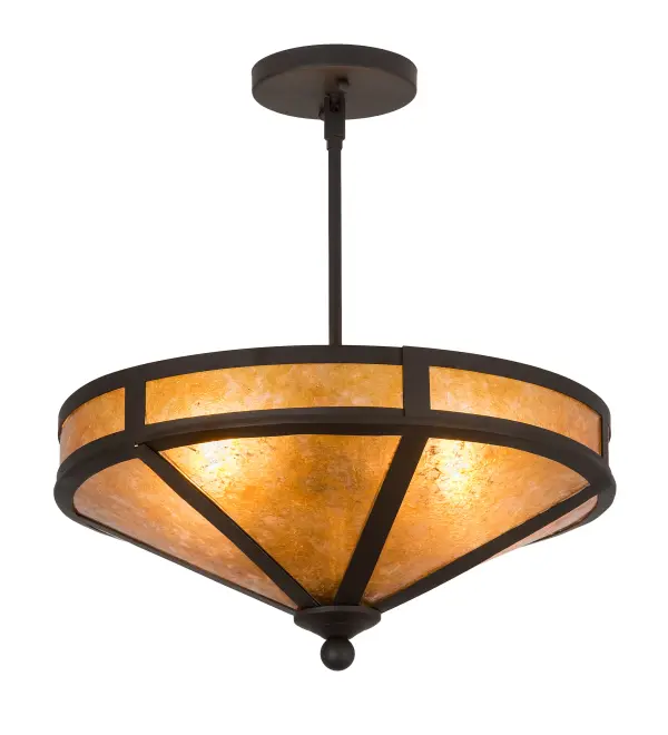 Evocative of the American Craftsman Design Movement. This handsome ceiling fixture will add warmth and authentic appeal to interior spaces while creating a visually pleasing experience with welcoming ambient light. A stunning Amber Mica diffuser is complemented with an Oil Rubbed Bronze finish. Handcrafted by highly skilled artisans in our 180,000 square foot manufacturing facility in Yorkville, New York. Shade colors, metal finishes and fixture sizes can be customized to your needs. UL and cUL listed for dry and damp locations. Collection: Craftsman Finish: Oil Rubbed Bronze Glass: Amber Mica Width: 16.00" Height: 18.00" Length: 16.00" Weight: 4.50 lb Number of Bulbs: 2 Maximum Wattage: 60.00 W Bulb Type: A19 Bulb Base: E26 Material: Steel Country of Origin: USA Safety Listing: Damp Safety Rating: Damp