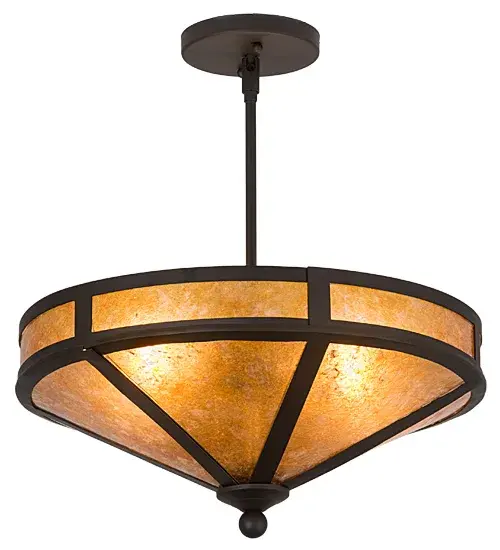 Evocative of the American Craftsman Design Movement. This handsome ceiling fixture will add warmth and authentic appeal to interior spaces while creating a visually pleasing experience with welcoming ambient light. A stunning Amber Mica diffuser is complemented with an Oil Rubbed Bronze finish. Handcrafted by highly skilled artisans in our 180,000 square foot manufacturing facility in Yorkville, New York. Shade colors, metal finishes and fixture sizes can be customized to your needs. UL and cUL listed for dry and damp locations. Collection: Craftsman Finish: Oil Rubbed Bronze Glass: Amber Mica Width: 16.00" Height: 18.00" Length: 16.00" Weight: 4.50 lb Number of Bulbs: 2 Maximum Wattage: 60.00 W Bulb Type: A19 Bulb Base: E26 Material: Steel Country of Origin: USA Safety Listing: Damp Safety Rating: Damp - alternate view
