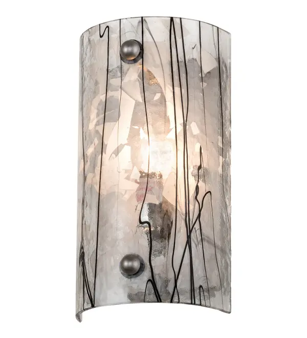 Bare trees against a winter sky inspired the Branches Fused Glass Wall Sconce... Clear Glass is fused with White Fractures and Black Streamers to create a Branch-like design. The wall luminaire is enhanced with Nickel powder coat finished decorative studs and is ideal for modern homes and restaurants from Palm Beach, Florida, to Austin, Texas, to Portland, Oregon. Traditional artistry, high-fire kilns, and original tools are used to create art glass in the old-world tradition. The Branches Wall Sconce is included in our American-made, American-designed, handcrafted Fused Glass Lighting Collection and manufactured in Yorkville, New York. UL and cUL listed for dry and damp locations. Each shade is a unique work of art with color variations based on natural ingredients inherent in the glass. Please get in touch with us if color matching is critical when ordering multiple items. Collection: Branches Finish: Nickel Powder Coat Glass: Black With White Streamers Width: 5.00" Height: 9.00" Length: 3.75" Weight: 2.00 lb Extension from Wall: 3.75" Number of Bulbs: 1 Maximum Wattage: 60.00 W Bulb Type: B10 Bulb Base: E12 Material: Steel Country of Origin: USA Safety Listing: Damp Safety Rating: Damp